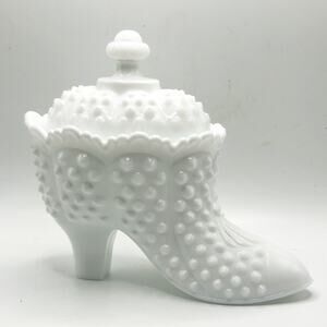 Vintage Fenton White Milk Glass Hobnail Lidded Victorian Shoe Candy Dish EUC